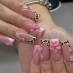 24pcs set fake nails with pink blue leopard print and embossed flowers