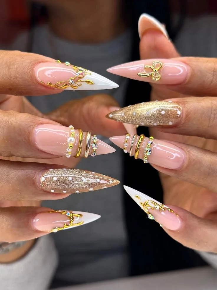 Elegant 3D Gold Swirl French Tip Press On Nails with piercing nail rings.