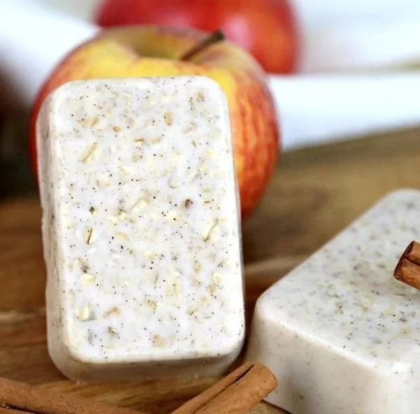 Homemade Apple Cinnamon Oatmeal Soap bars with natural ingredients