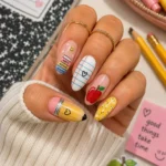 Colorful and fun back to school nails designs created by moms and kids at home.