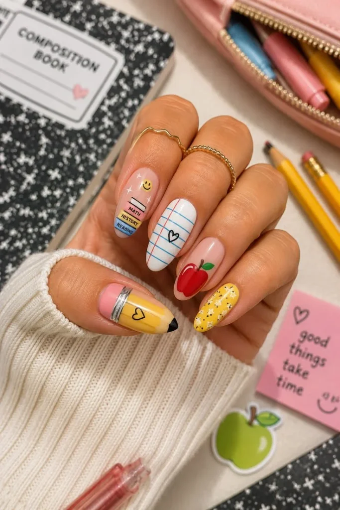 Colorful and fun back to school nails designs created by moms and kids at home.