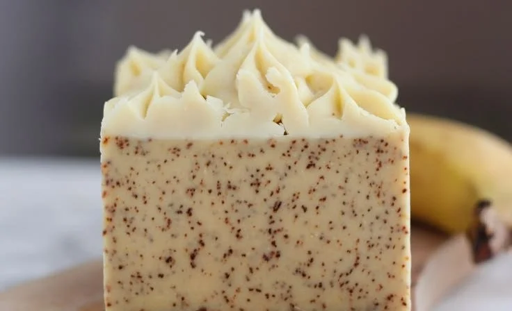 Homemade banana soap with heavy cream using cold process methods.