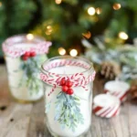 Homemade DIY peppermint mason jar candles with holiday decorations