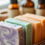 A selection of colorful DIY soap bars displayed on a wooden surface.