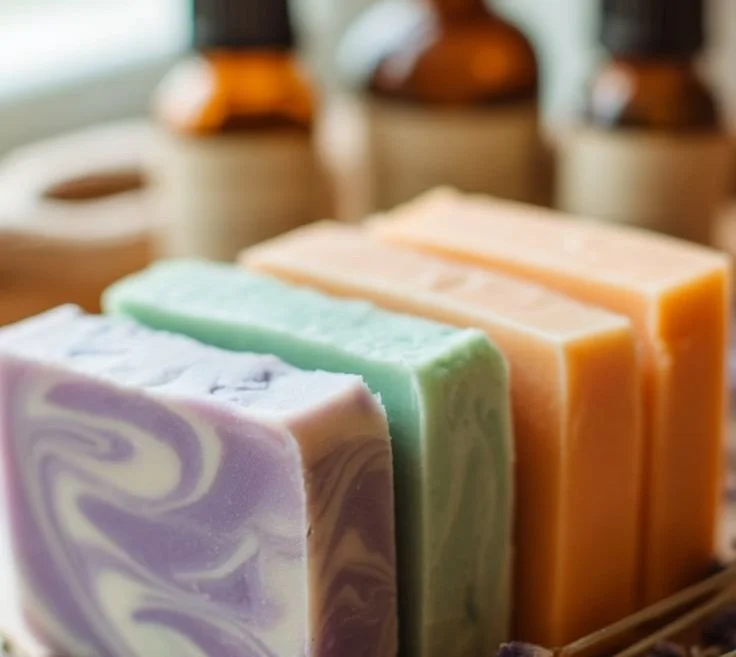 A selection of colorful DIY soap bars displayed on a wooden surface.