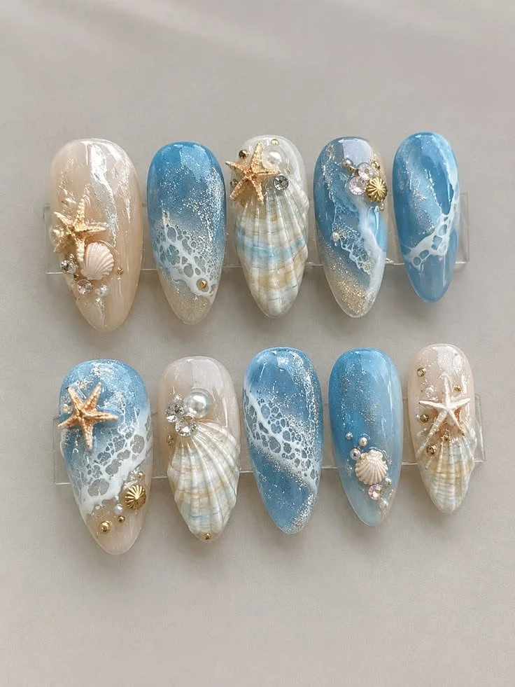 Ocean blue seashell nails design for busy moms