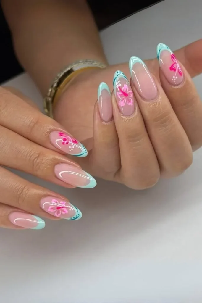 Pastel French tips with pink floral nail art design for busy moms