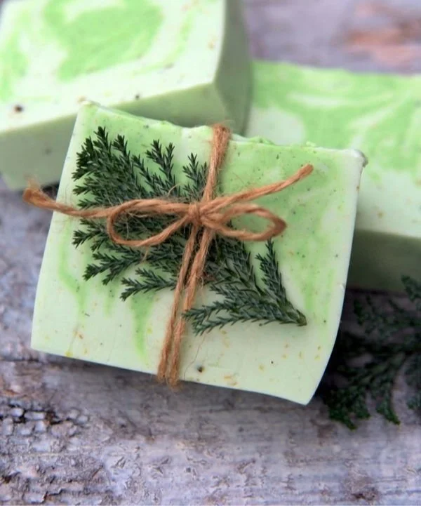 Homemade winter forest soap with natural ingredients for a woodsy scent