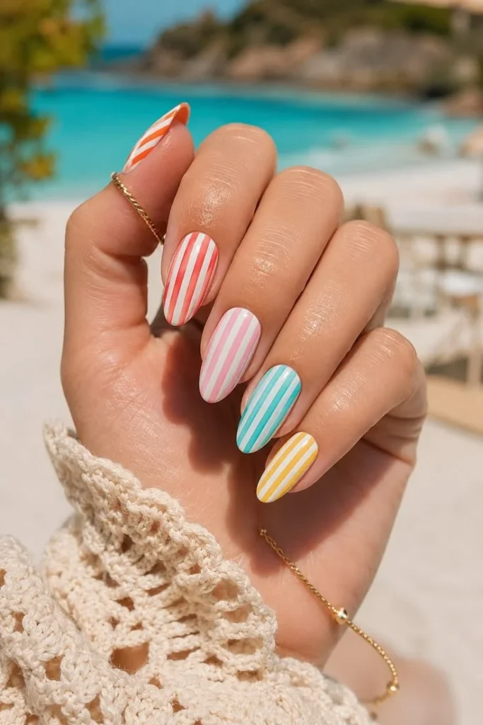 Bright summer striped nails designs for at-home manicures