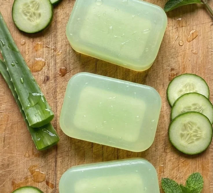Homemade aloe cucumber after-sun soap with soothing ingredients.