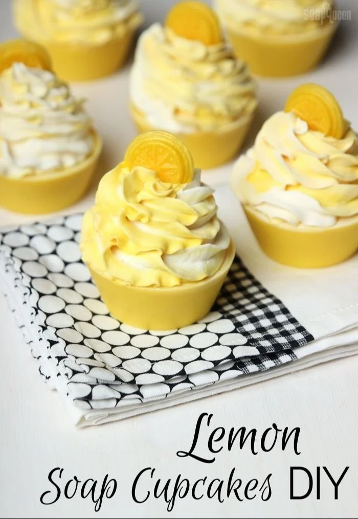 Lemon soap cupcakes with lemon slices for DIY soap making.