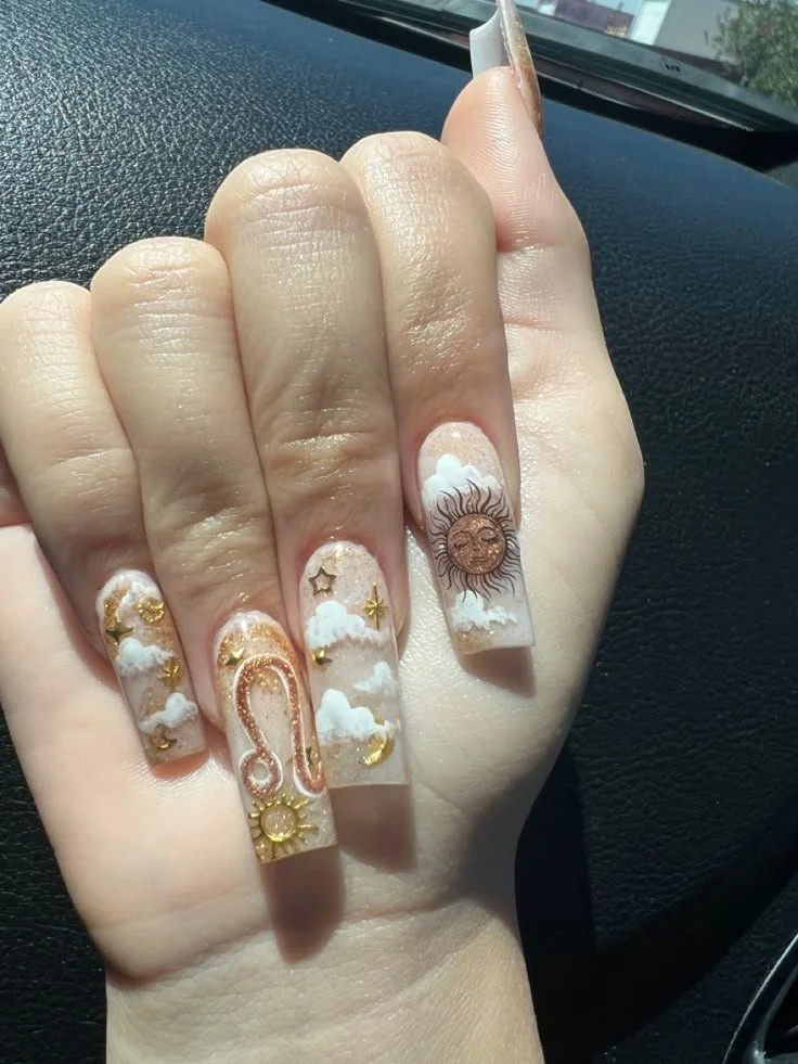 Stylish and vibrant Leo nails design inspired by zodiac signs.