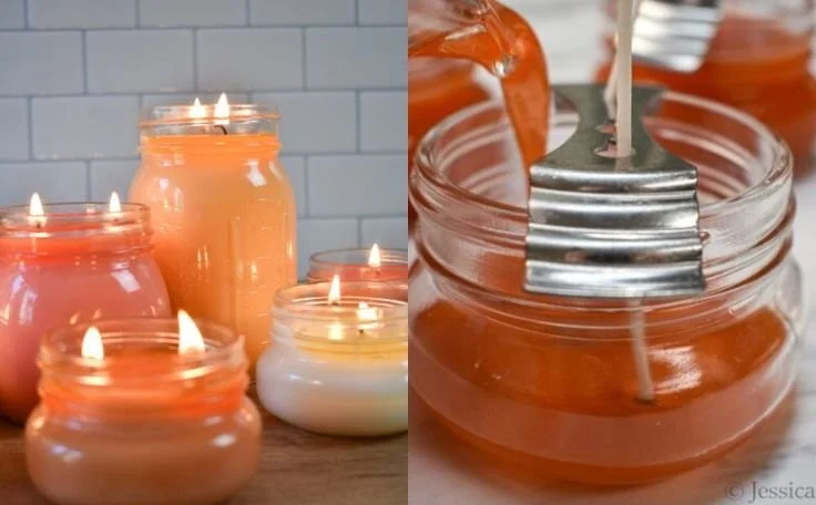 Handmade Mason Jar Candles with various designs and scents.