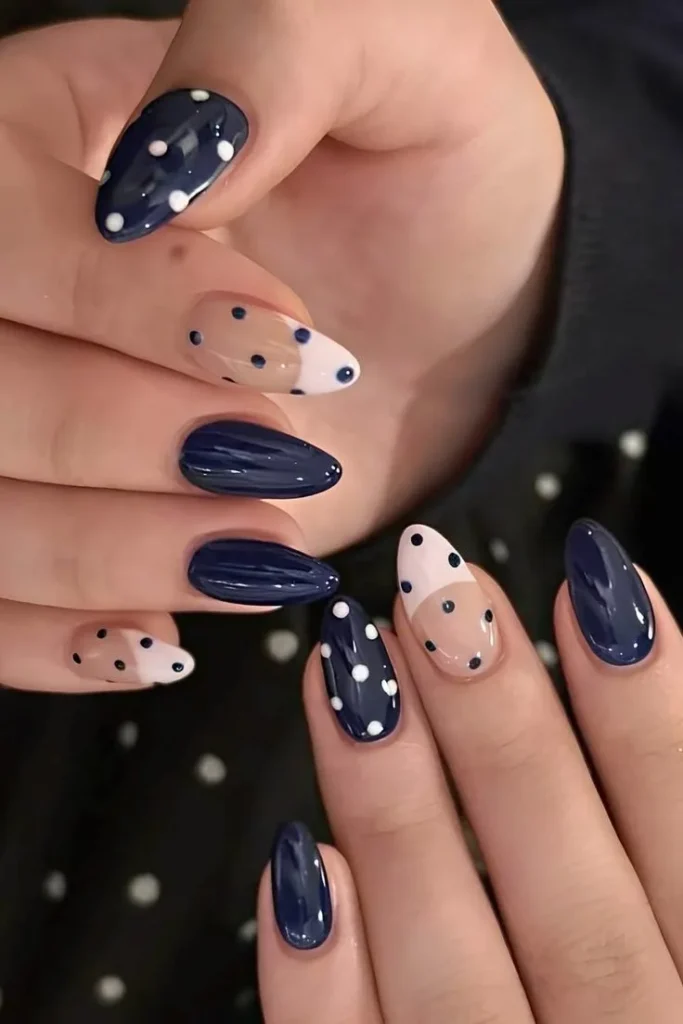 Blue polka dot nails design for busy moms ready for summer fun