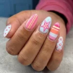 Summer Y2K pastel striped star press on nails design for stylish manicures