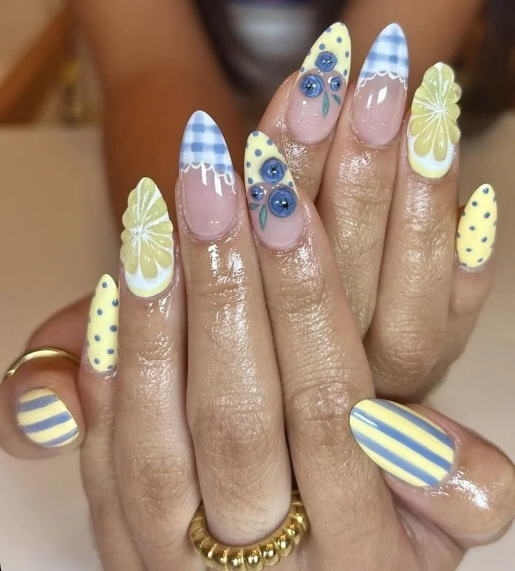Bright yellow and blue nail art inspiration for busy moms