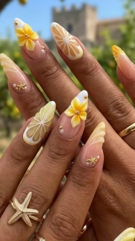 Tropical inspired almond shape nails with vibrant colors and designs