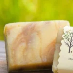 Homemade apple cider soap bar with autumn leaves and spices