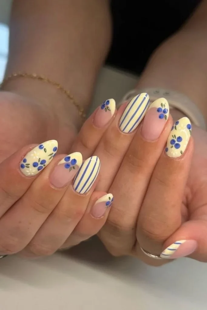 Blueberry Lemonade press on nails in yellow and blue with application kit on Etsy