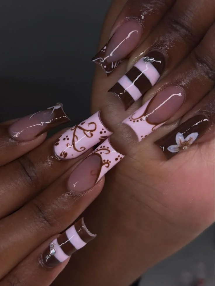 Easy DIY brown and pink nail designs for beginners