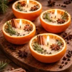 Homemade Christmas candle making with natural ingredients like orange and festive decorations.