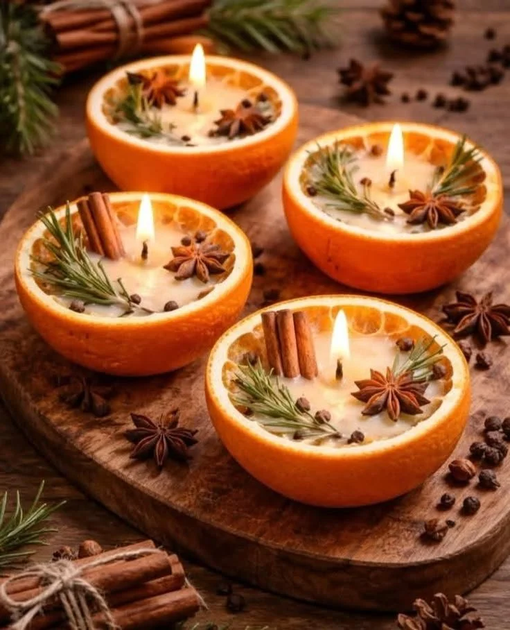 Homemade Christmas candle making with natural ingredients like orange and festive decorations.