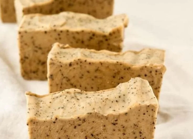 Homemade cold process coffee soap featuring natural ingredients.