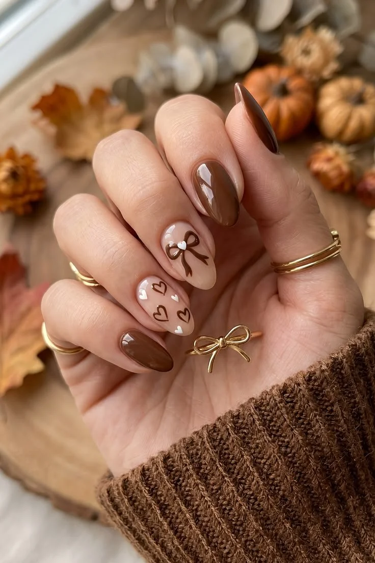 Cottagecore brown nails decorated with bows and hearts for autumn style