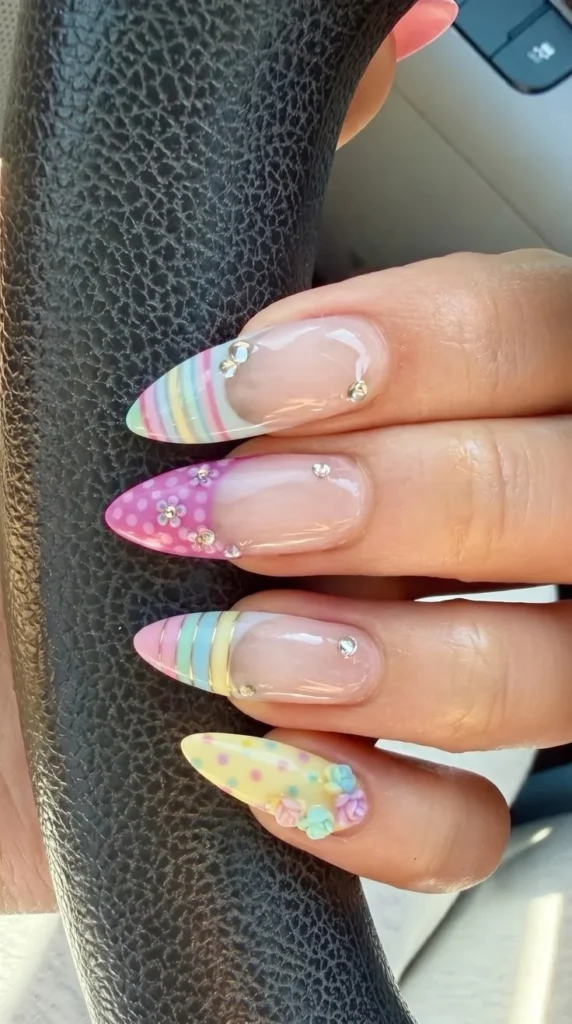 Cute pastel kawaii nails with 3D florals and stripes for spring 2026