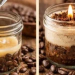 Homemade coffee scented candles in various shapes and colors.