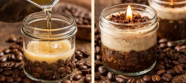 Homemade coffee scented candles in various shapes and colors.