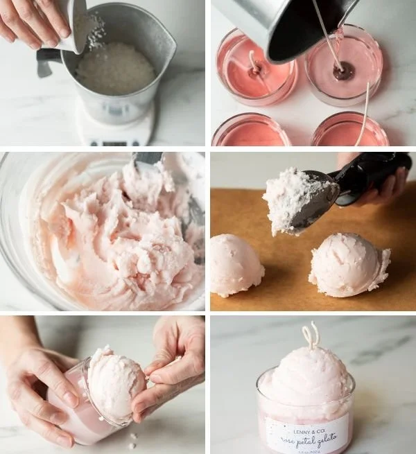Layered DIY ice cream candles made with soy wax for beginners