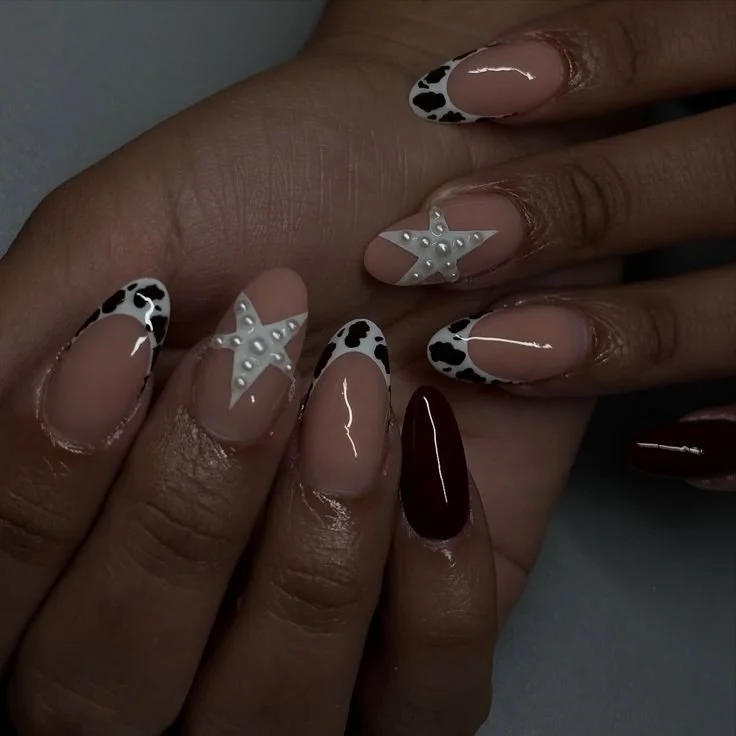 Easy DIY Cowboy Nails with Western short almond shape and star designs.