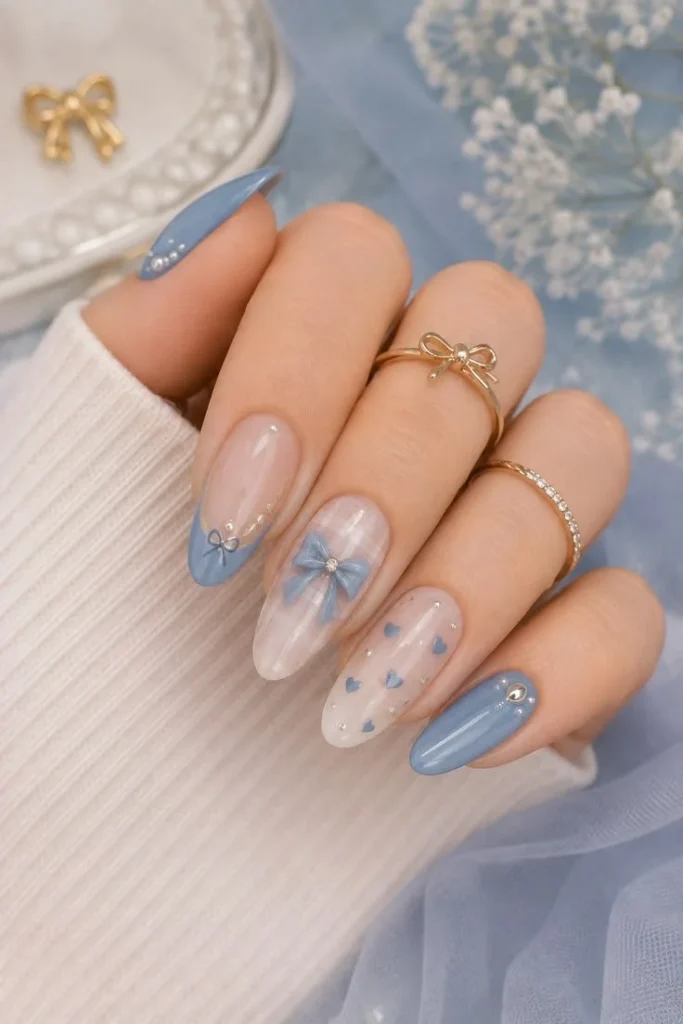 Elegant blue bow nails in soft blue and nude almond design tutorial