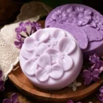Homemade lilac soap bars displayed with lavender flowers