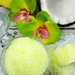 A bowl of Pina Colada Bath Salts with coconut and pineapple ingredients