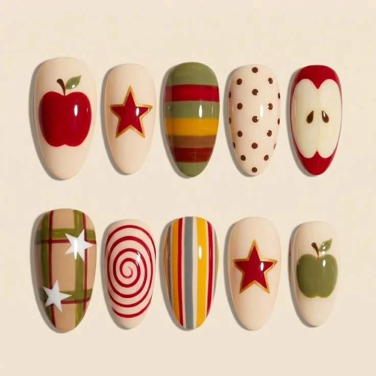 Retro Apple Coquette press on nails with vintage stripes, plaid, and Y2K fruit designs.