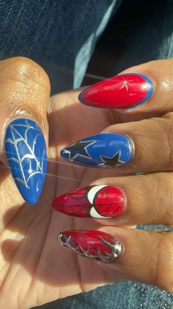 Easy and fun Spidey nail designs for busy moms inspired by popular characters.