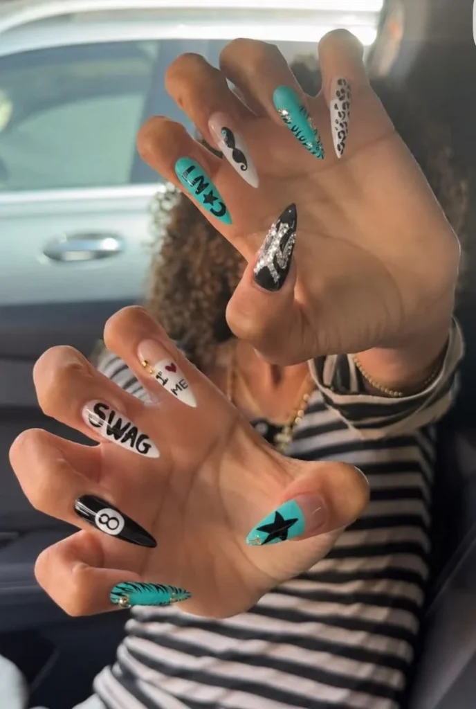 Trendy swag nail designs showcasing Y2K turquoise and black teal nails