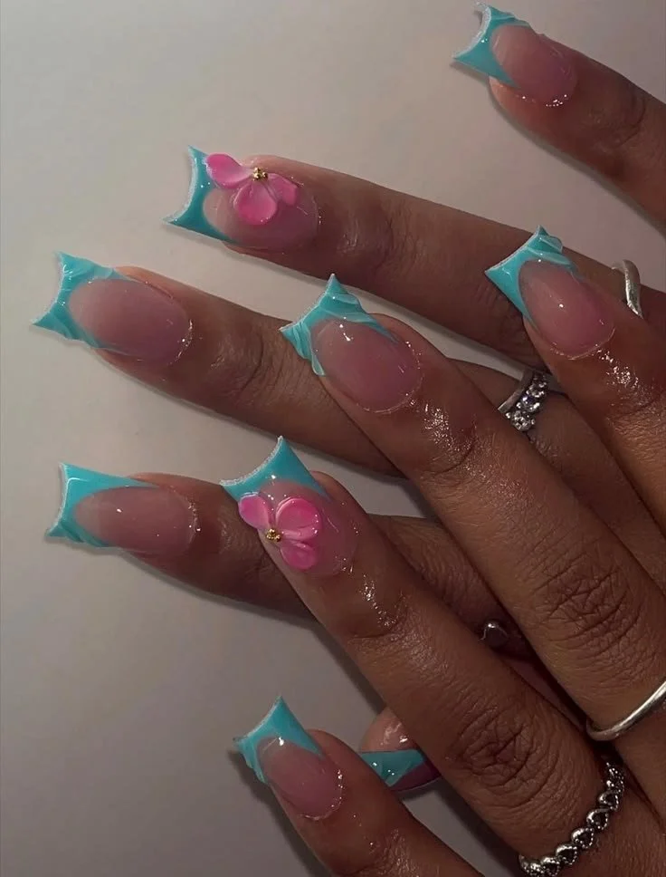 Turquoise French acrylic nails - custom made and handcrafted press-on nails.