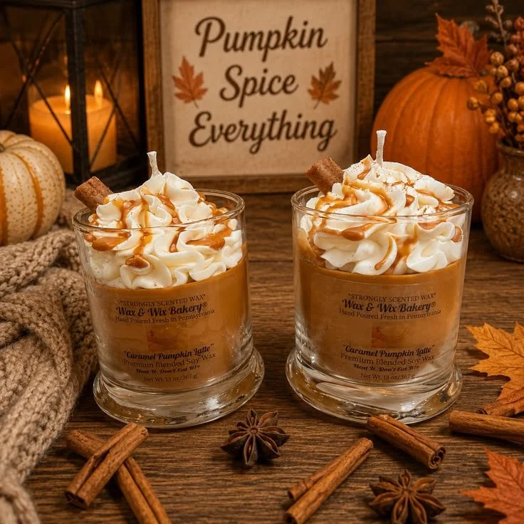 Caramel pumpkin latte candle creating a warm ambiance for family evenings