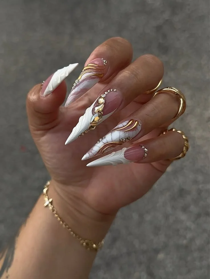 Elegant white and gold stiletto nails design for 2026 inspiration