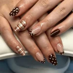 60pcs brown plaid polka dot oval press on nails for autumn style