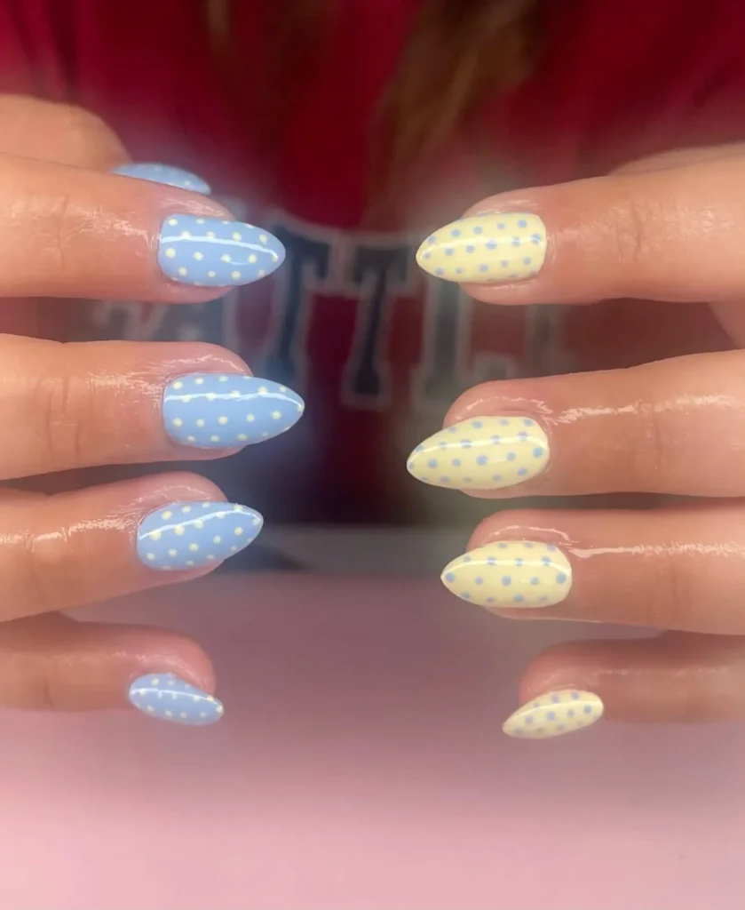 Variety of blue and yellow polka dot nails perfect for summer