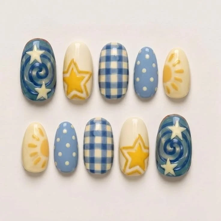 Blue yellow press on nails with retro checkerboard design and sun star nail art