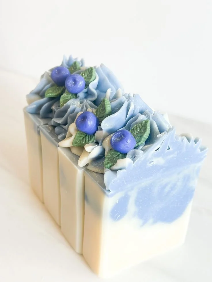 Blueberry pie scented soap bar being crafted in a cold process tutorial.