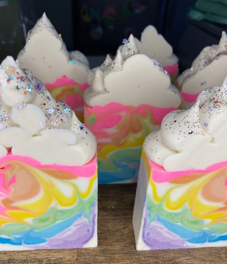 Beginner's frosted soap recipe with vibrant colors and unique textures.