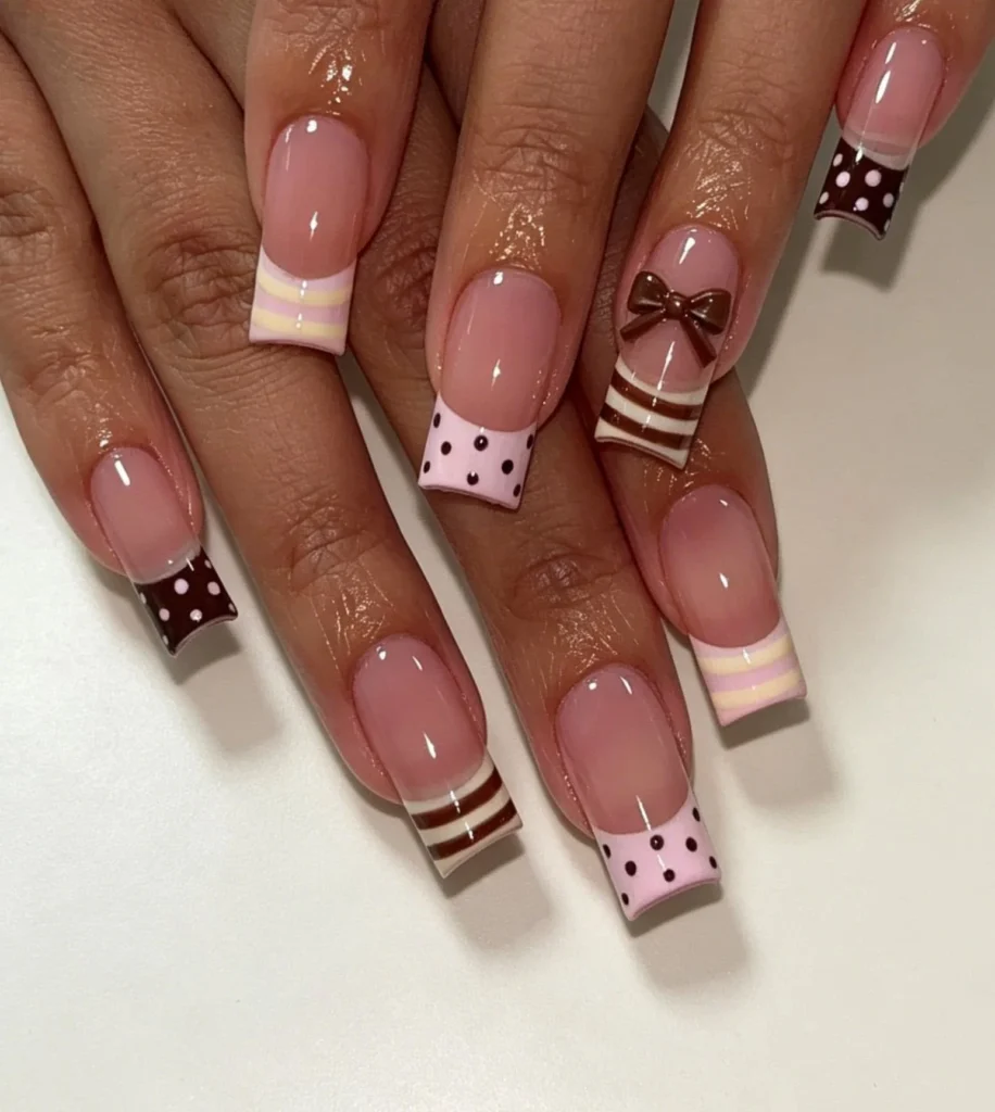 Chocolate brown polka dot French tip press on nails for weddings and tea parties