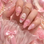 Coquette Candy Nails with pink bow and cherry design for beginners