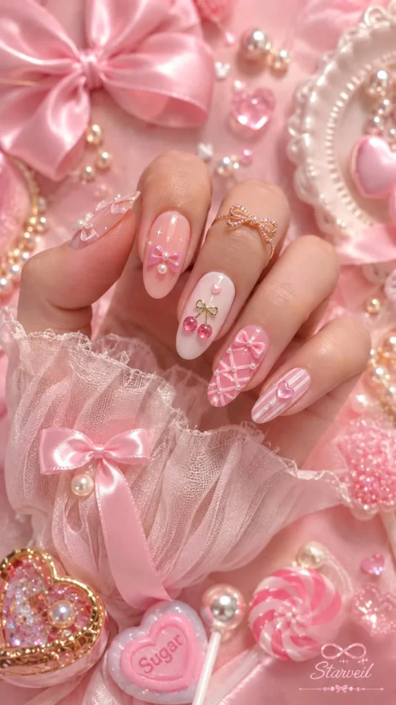 Coquette Candy Nails with pink bow and cherry design for beginners